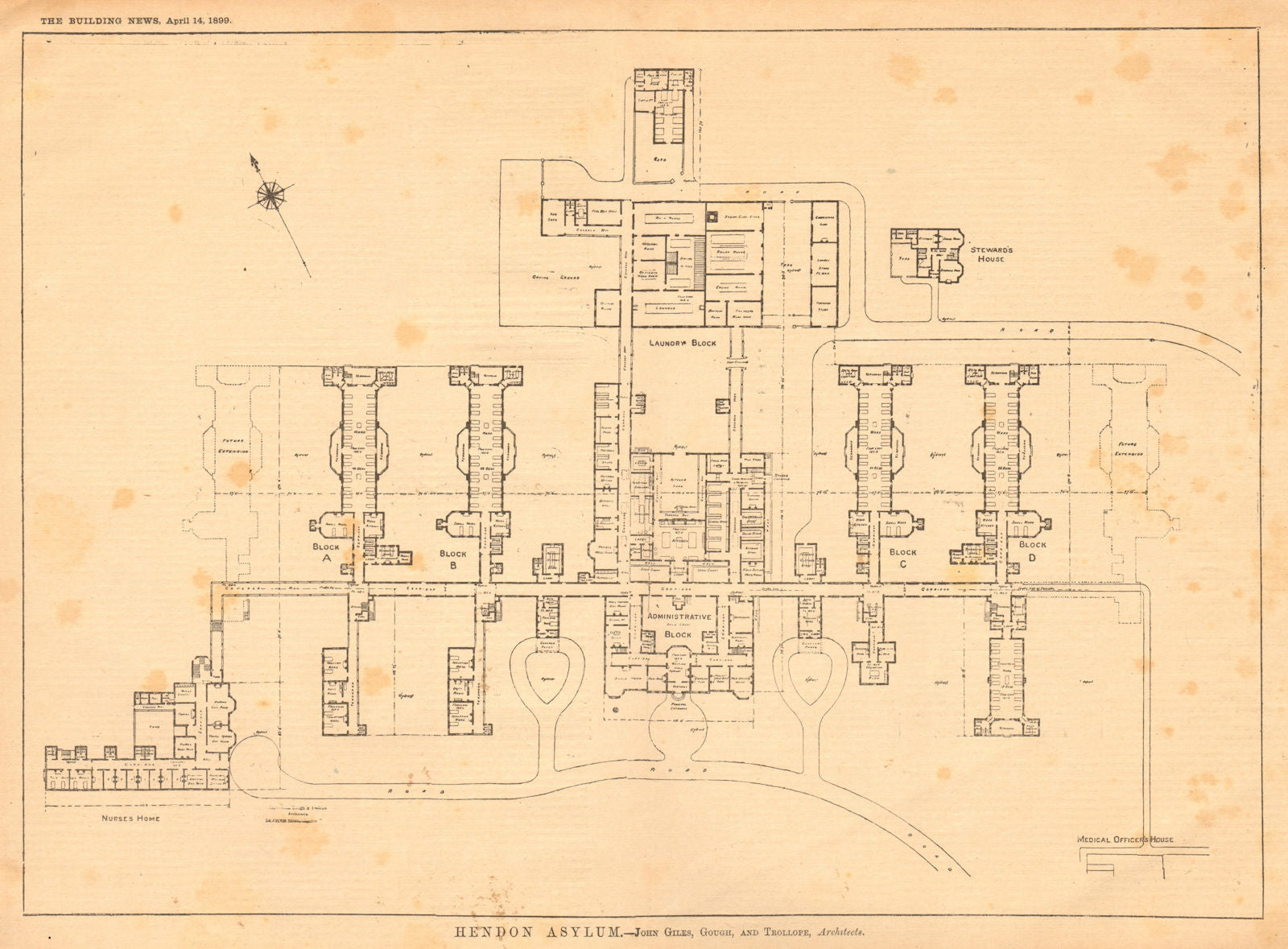 Hendon Asylum, John Giles, Gough & Trollope, Architects. London 1899 old print